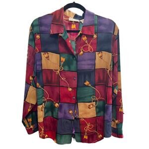 Vintage 80s Le Caviar Colorblock Tassel Rope Satin Long Sleeve Blouse ML